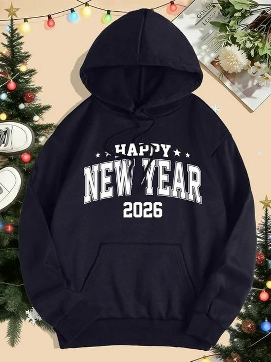 2026 Happy New Year Print Hoodie: Women's Loose-Fit Autumn/Winter Y2K Streetwear