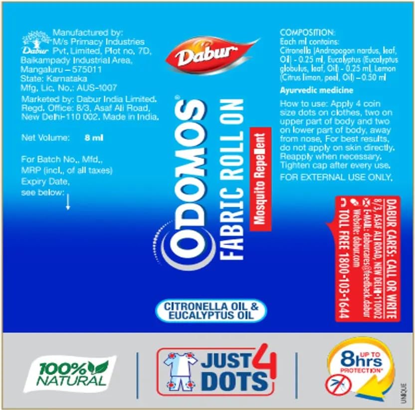 Odomos Fabric Roll On Repelent na Komary 24ml (8ml x 3) | Długotrwała ochrona | Certyfikowany przez pediatrów i testowany klinicznie