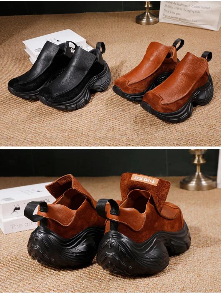 Johnature Women's Slip-on Shoes Versatile Genuine Leather Thick Soled Lightweight Retro Chunky Sneakers