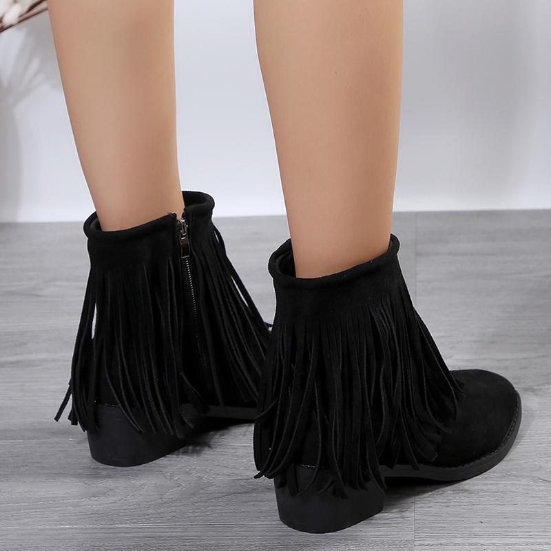 fashion Womens Boots for Vintage Tassel Cowgirl Suede Leather Point Toe Large Size Female Boots Winter Thick Heel Zipper Western Booties