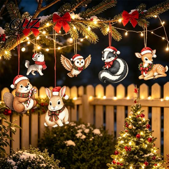 Christmas Atmosphere Hanging Props 12/24Pcs 2D Wooden Ornaments, Woodland Animal Decorations, Forest Tree Ornaments Creature Ornament for Tree,