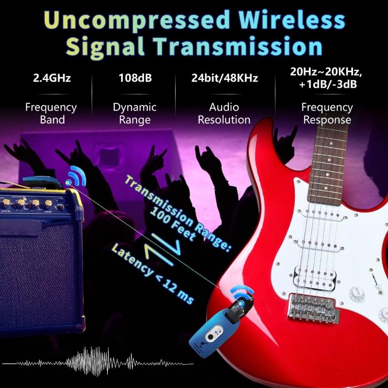 2.4GHz Wireless Guitar Transmitters Receiver Rechargeable Low Noises Sound Wireless Transmitters Receiver Easy to Use