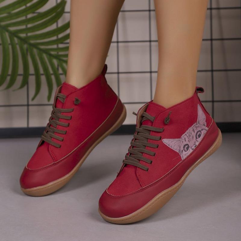 Botas Femininas Plus Size Estampa de Gato Cano Curto Salto Baixo Cadarço Moda Confortáveis Todas as Estações Primavera Outono