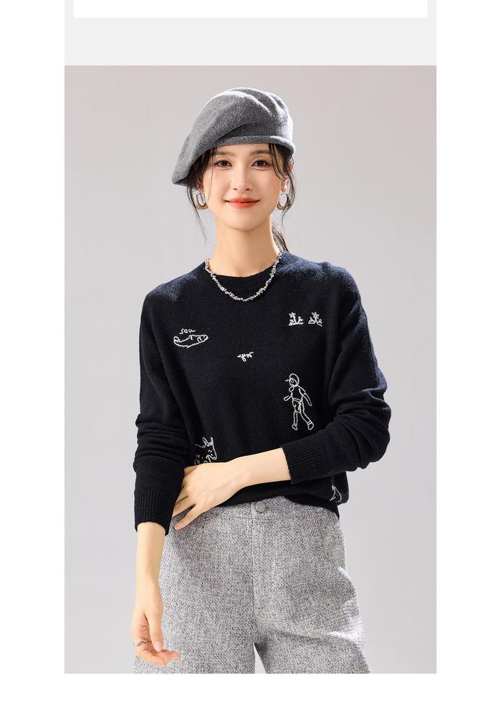 Winter New Round Neck Fun Embroidered Pattern Artistic Style Loose Women's Wool Sweater with Cashmere Included