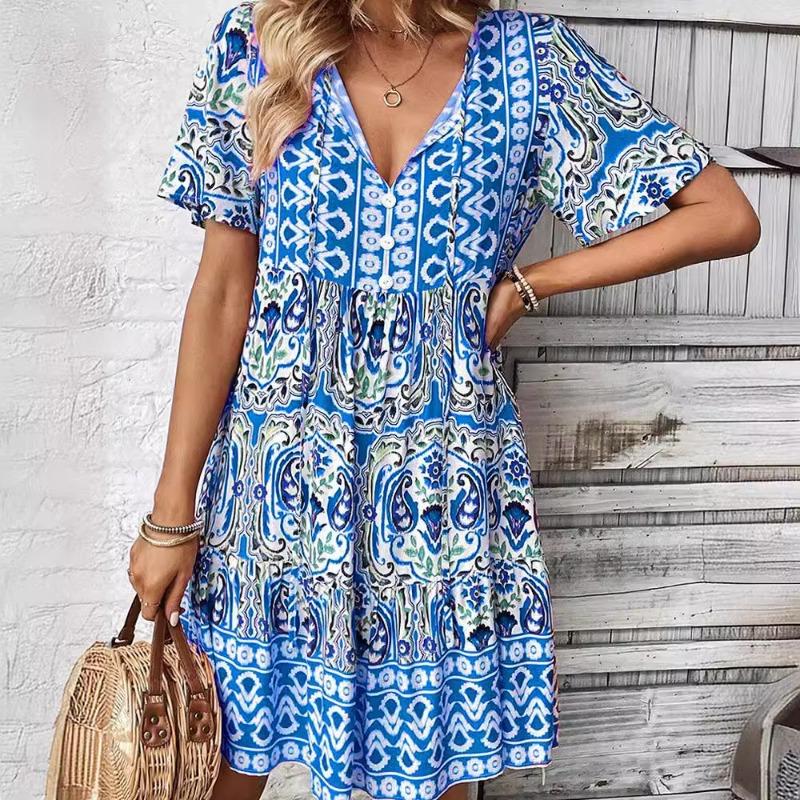 Summer V-neck Dress Women Boho Fashionable Loose Print Dress