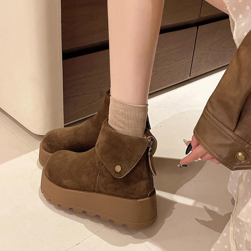 Fashion Winter New Thick Sole Cotton Boots Women's Fashion Round Head Suede Back Zipper Anti-slip Wear-resistant Short Boots