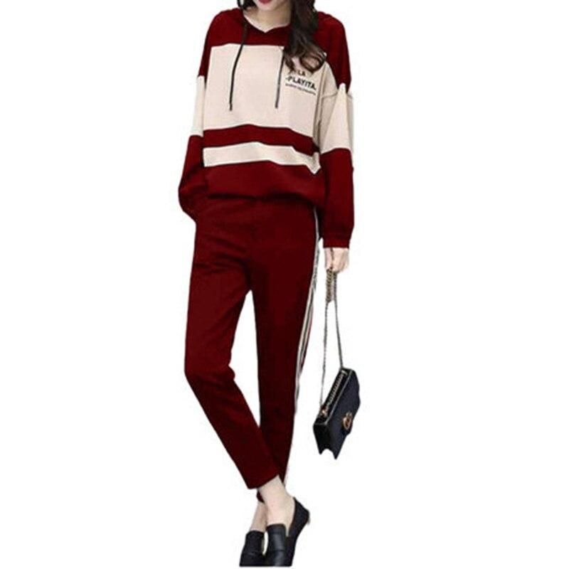 Costum ocazional, cu glugă, cu glugă, cu gât rotund, pantaloni casual în nouă puncte, două piese, femei