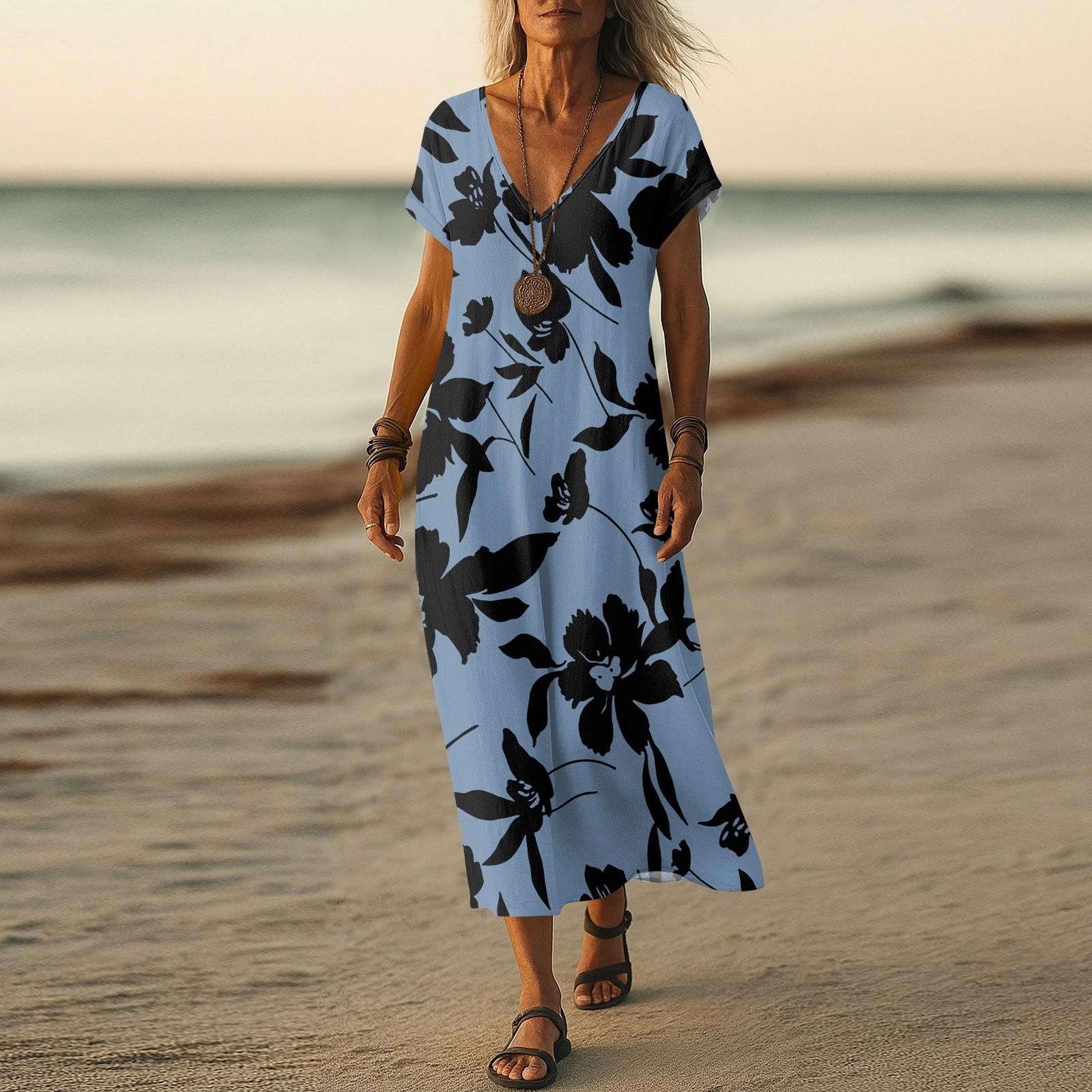 

Летнее платье Женское длинное платье бохо для пляжа Элегантное платье макси V-образный вырез Короткий рукав Летнее платье-туника Легкое воздушное XL синий