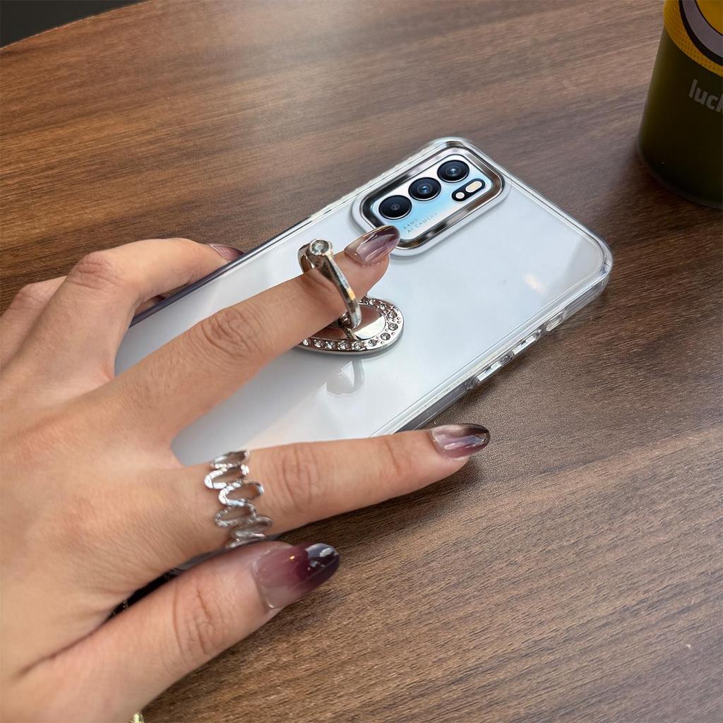 Luxury Bling Rhinestone Heart Ring Bracket Clear Phone Case for OPPO Reno6 5G Stand Cover