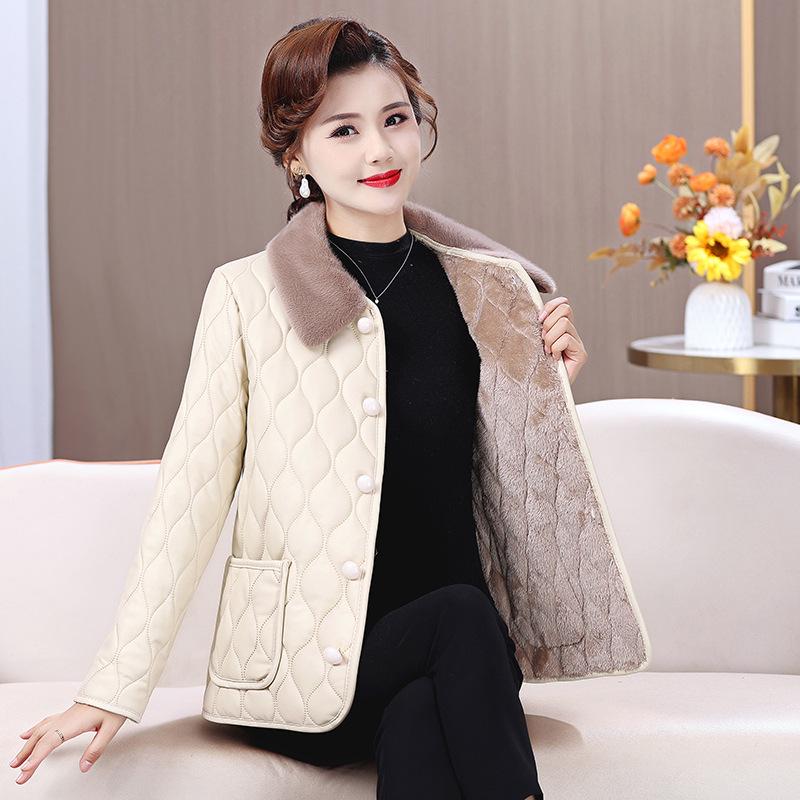 Chic Winter Fleece-lined Coat for Middle-aged & Elderly Women - Fashionable Leather-Feel, Loose Fit Top