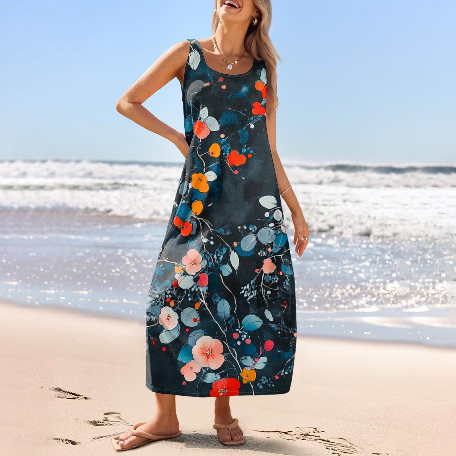 

Жіночий повсякденний довгий сарафан, літня пляжна сукня, круглий виріз, вільний сарафан без рукавів XL Темно-синій