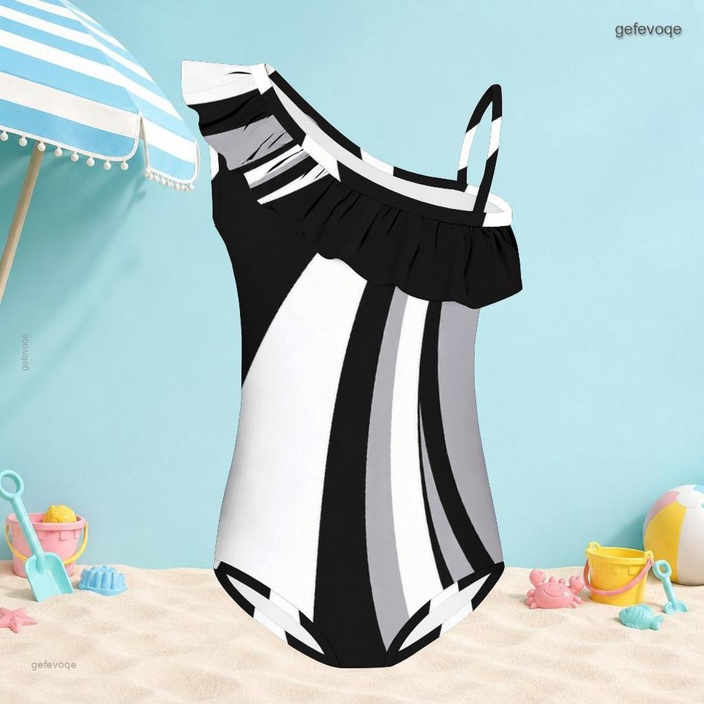 Costume da bagno intero da bambina a spalla singola con volant e stampa geometrica