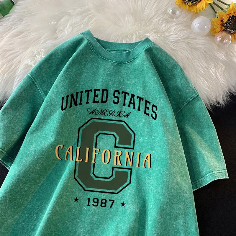 United States California Letter T-shirt Men Retro Printing Shirt Cotton Vintage Washed Tee Unisex Street Loose T-shirts