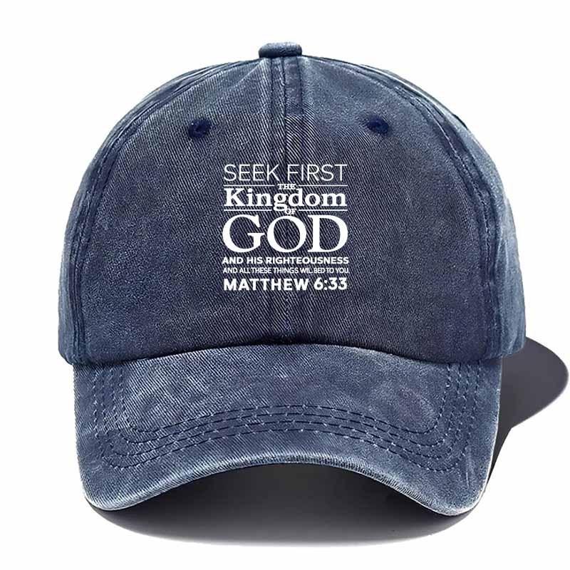 Matthew  Seek First Kingdom God Washed Baseball Cap Unisex Distressed Outdoor Adjustable Hat One Size