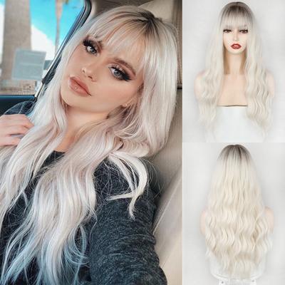 Dámská móda Paruka s dlouhými kudrnatými vlasy s ofinou Vlnitá paruka ze syntetického vlákna Černá Hnědá Blond Modrá pro ženy Cosplay Denní nošení