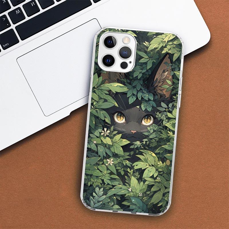 Anime Cute Black Cat Meow Phone Case For Apple iPhone 11 12 13 15 14 Pro 7 XR X XS Max 8 Plus + Mini SE Customized Print Soft Co
