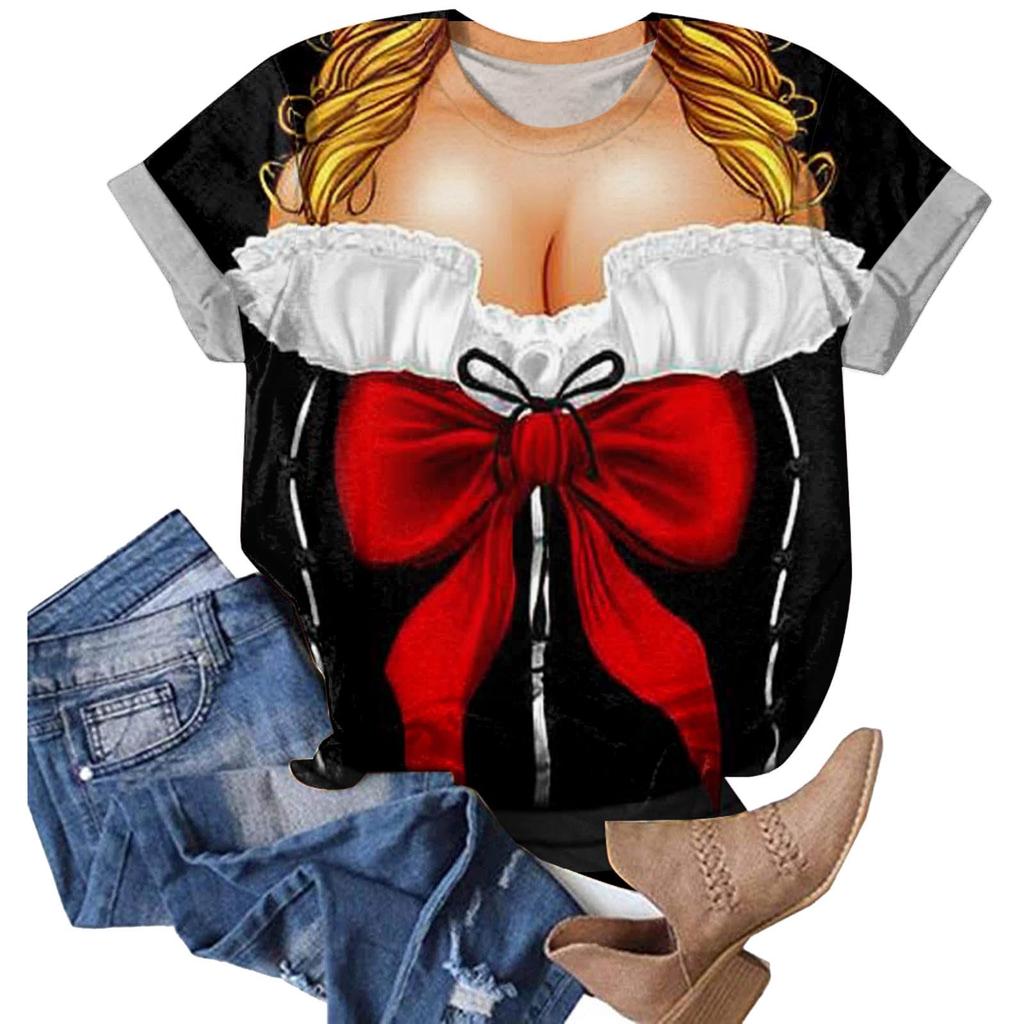 Women Casual Pullover T Shirt Oktoberfest Print Short Sleeve Crew Neck Top Lightweight Comfortable Fit Summer Tee