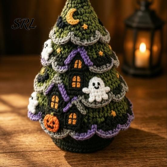 DIY Holiday Tree Materials Halloween Crochet Kit, Black Cat Pumpkin Witch Creative Gift for Crafters Hat Ghost Crafting Kit Home Decor, Handmade Craft