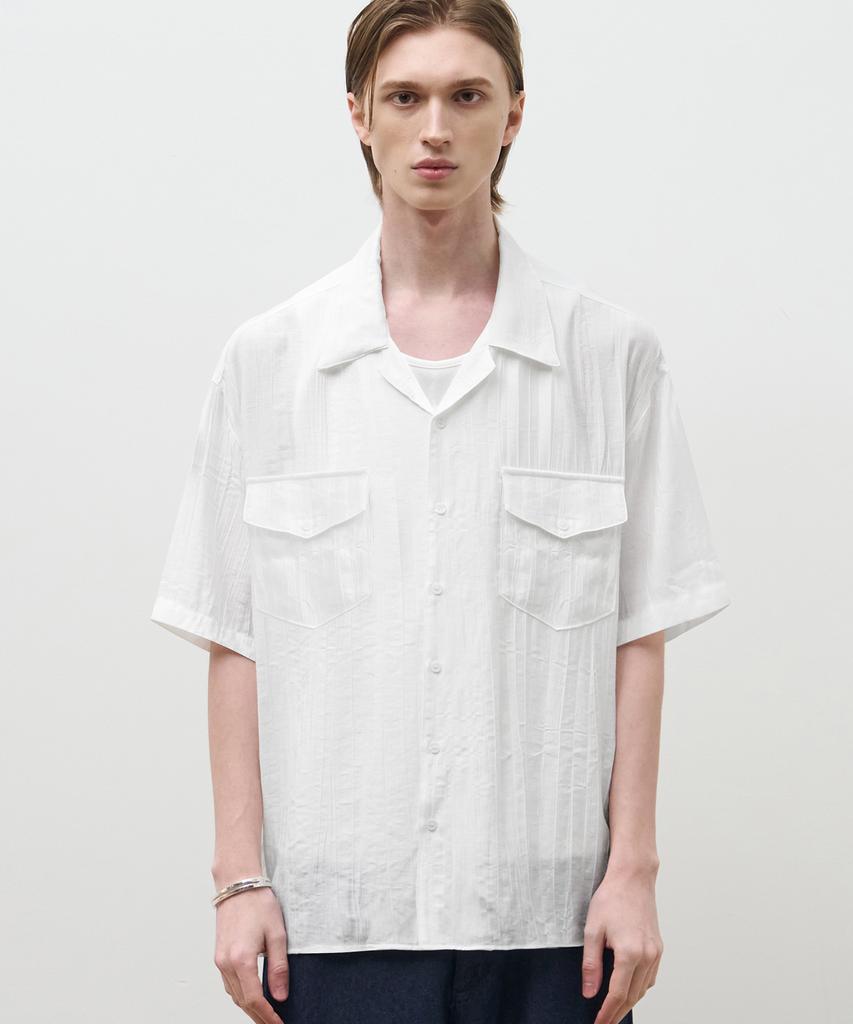 DRAW FIT Sheer Texture Open Collar Half Shirt [White]