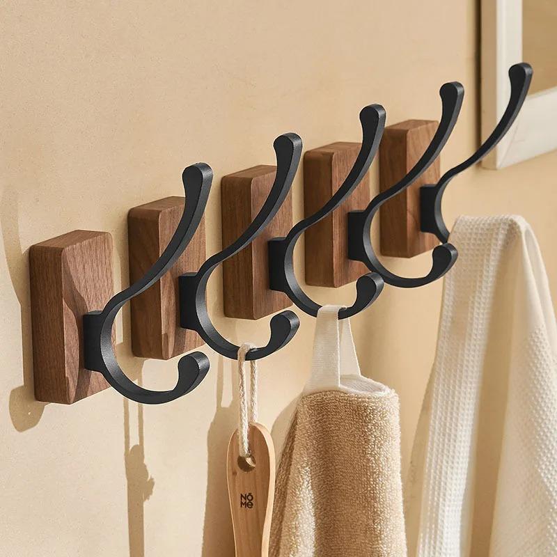 Self-adhesive Solid Wooden Hook Walnut Key Decorative Towel Holder Hook Door Hanger Wall Coat Rack Kitchen Bathroom Organizer