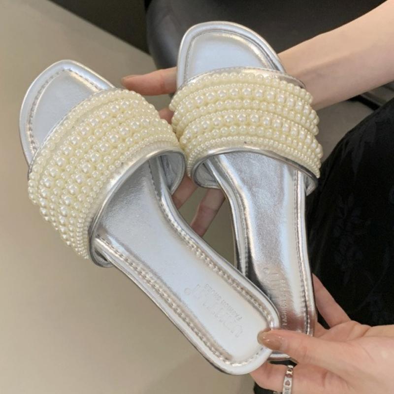 

Fashion Elegant String Bead Decoration Slippers Women Comfort Open Toe Design Brand Flat Sandals Summer Outwear Vacation Beach Sandals 40 серебряный