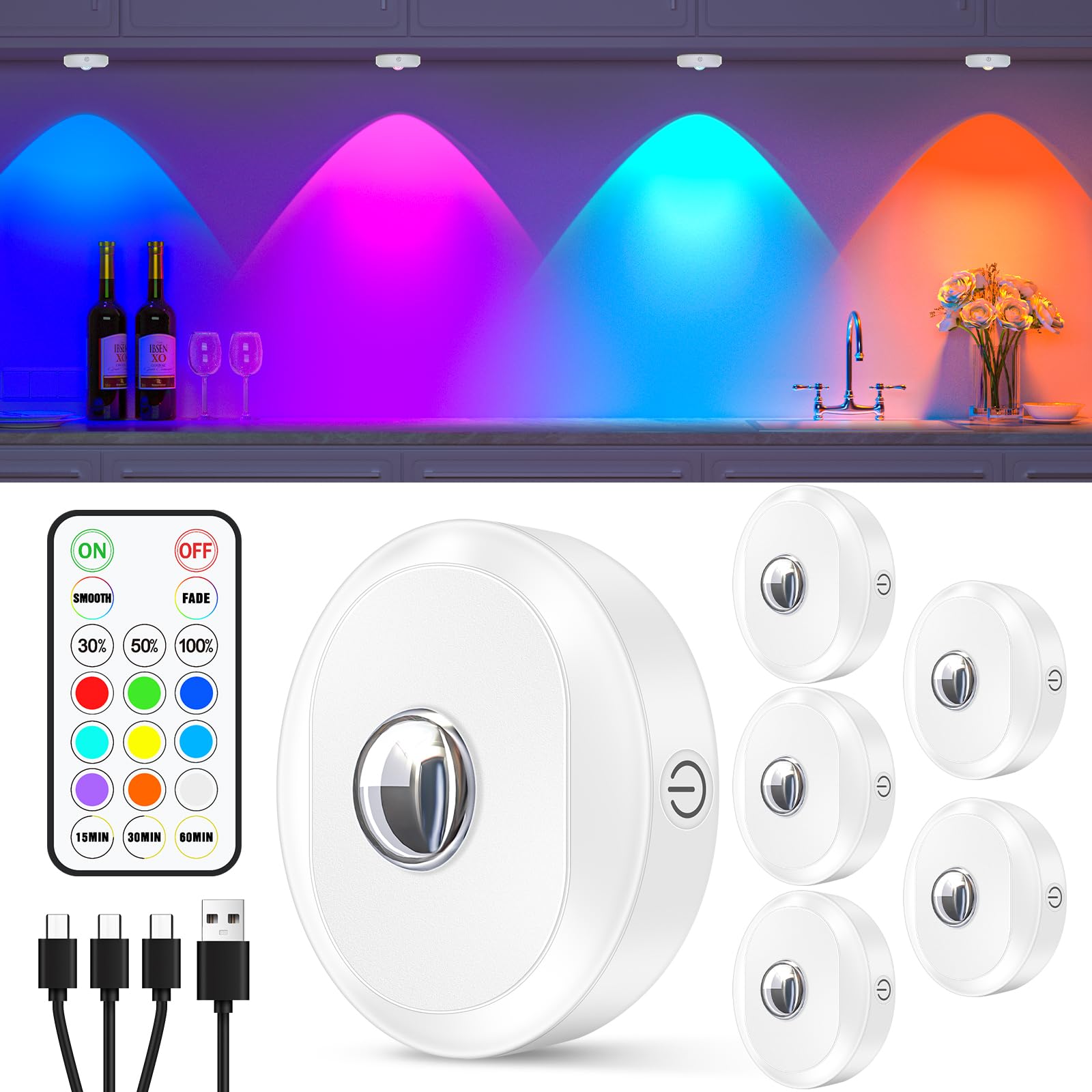 

WILLED 6-Piece Cabinet Light, Touch Light, Figure Light, No Installation Required, Touch Control & IR Remote, USB 1:3 Rechargeable, Kitchen Light,