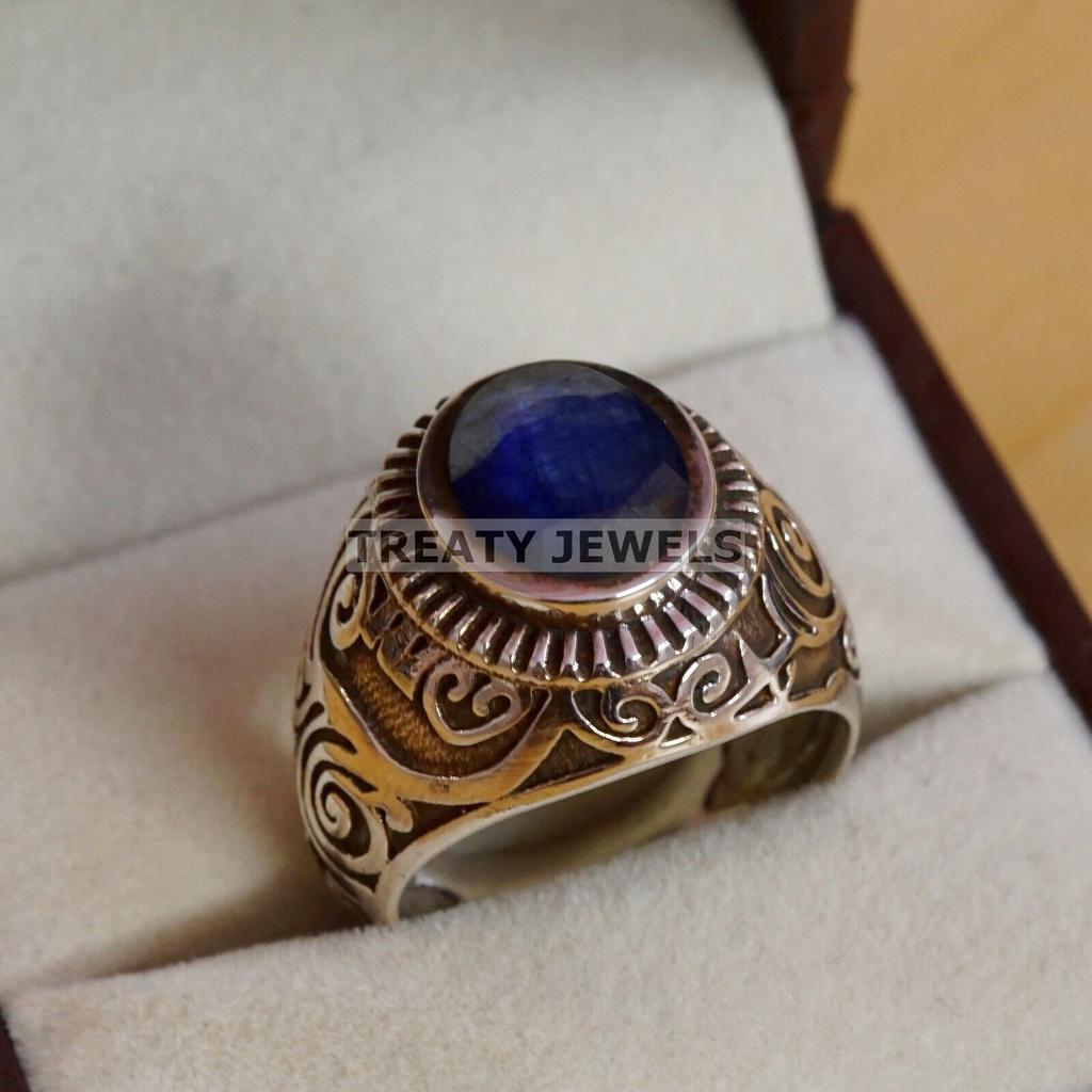 Blue Sapphire Oval Cut Gemstone With 925 Sterling Silver Ring For Men's #B582 JL375686464438