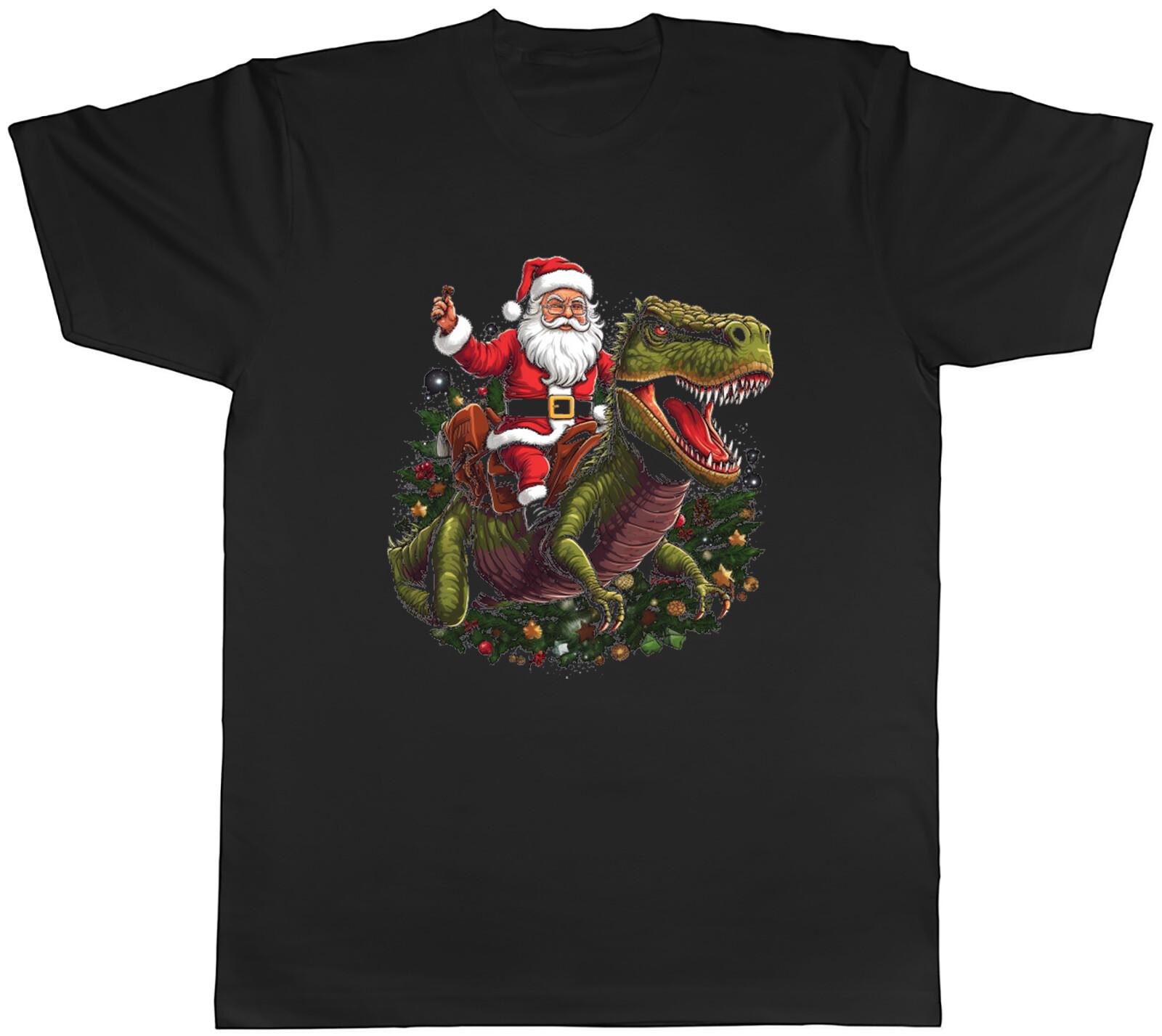 Father Christmas Mens T-Shirt Santa Claus Riding T-Rex Dinosaur Tee Gift XXXL