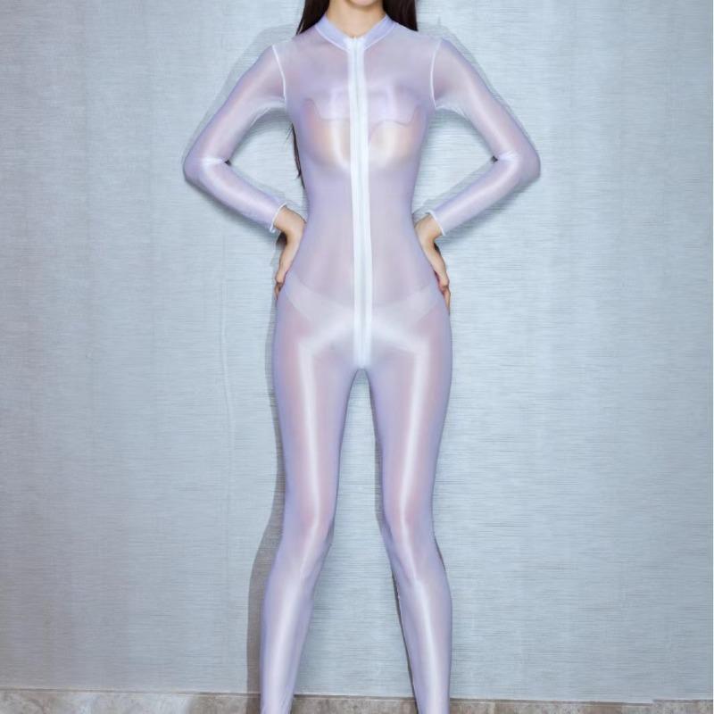 Double Zipper Crotchless Catsuit Sexy Lingerie Oil Shiny Underwear Ladies Transparent Full Length Bodysuit Cosplay Body Tights