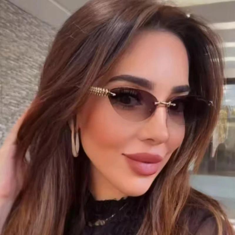 Cat Eye Rivet Rimless Sunglasses Women Luxury Fashion Brand Oval Narrow Sun Glasses Shades Trendy Elegant Unique Eyewear