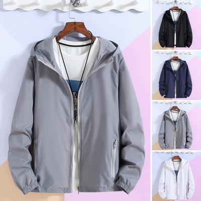 Windjacke für den Außenbereich mit Kapuze, lange Ärmel, Reißverschlussleiste, Sportjacke, einfarbig, Taschendesign, dünne Sonnenschutzkleidung