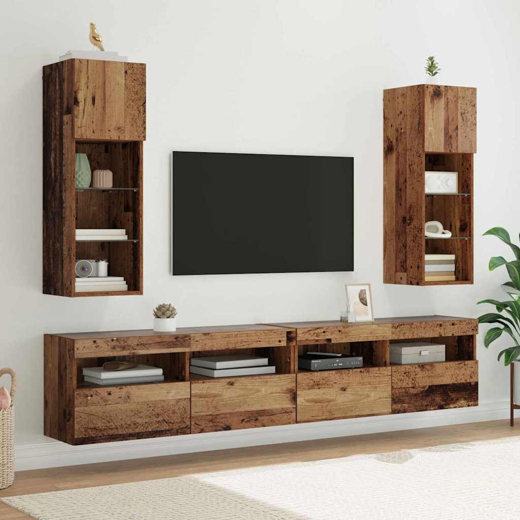 Wall Mounted TV Cabinet with LED Lights Reclaimed Wood Look 30.5 x 30 x 90 cm