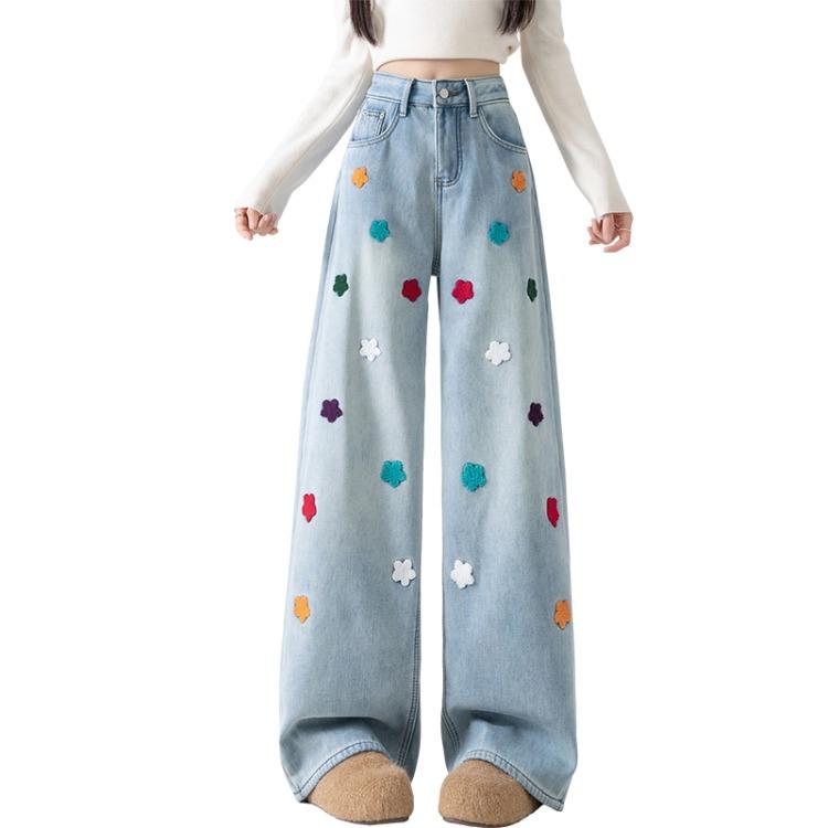 Floral Embroidered Wide Leg Pants Women Fashion Loose High Waist Slim Long Trousers