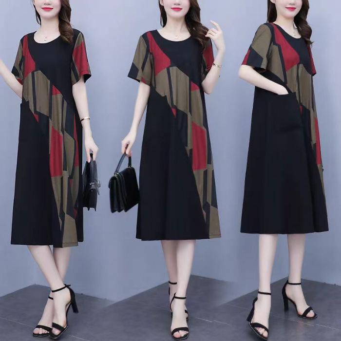

Summer Plus Size Short Sleeve Retro Slimming Mid-Length Dress for Women 4XL красный