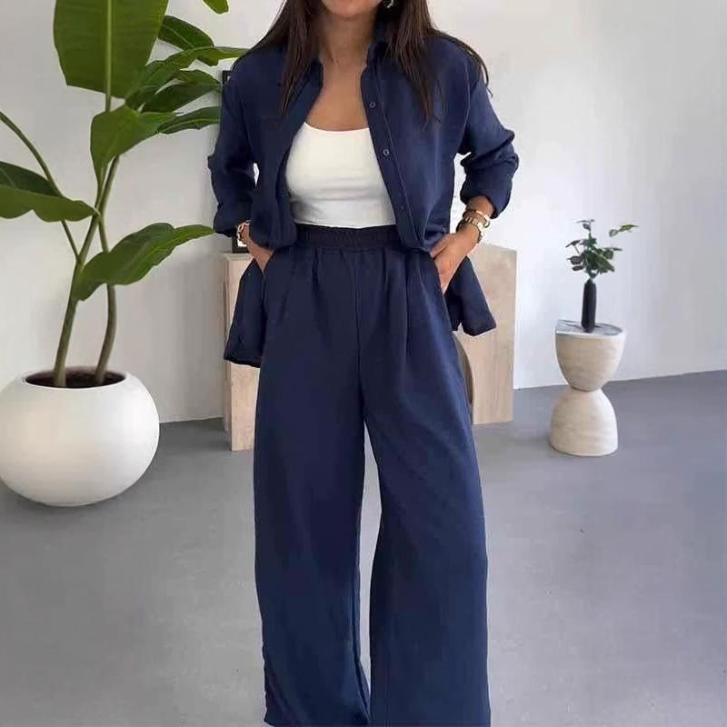 Women's Solid Color Loose Long Sleeve Shirt Elastic Waist Wide Leg Pants Casual Two Piece Outfit Set