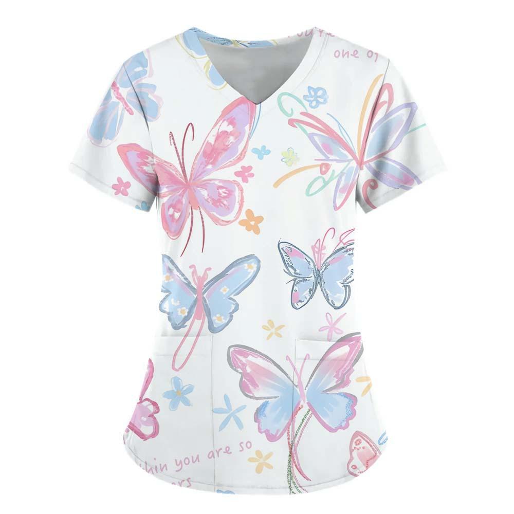 Women's T-shirt V-neck Nurse Uniform Commuting Comfortable Short Sleeved Butterfly Printed T-shirt for Women