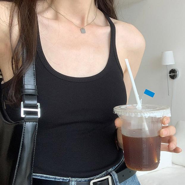 Verão Novo Cor Sólida Simples Regatas Femininas Slim Casual Moda Feminina Top Damasco Cinza Escuro Café Escuro Preto Regatas