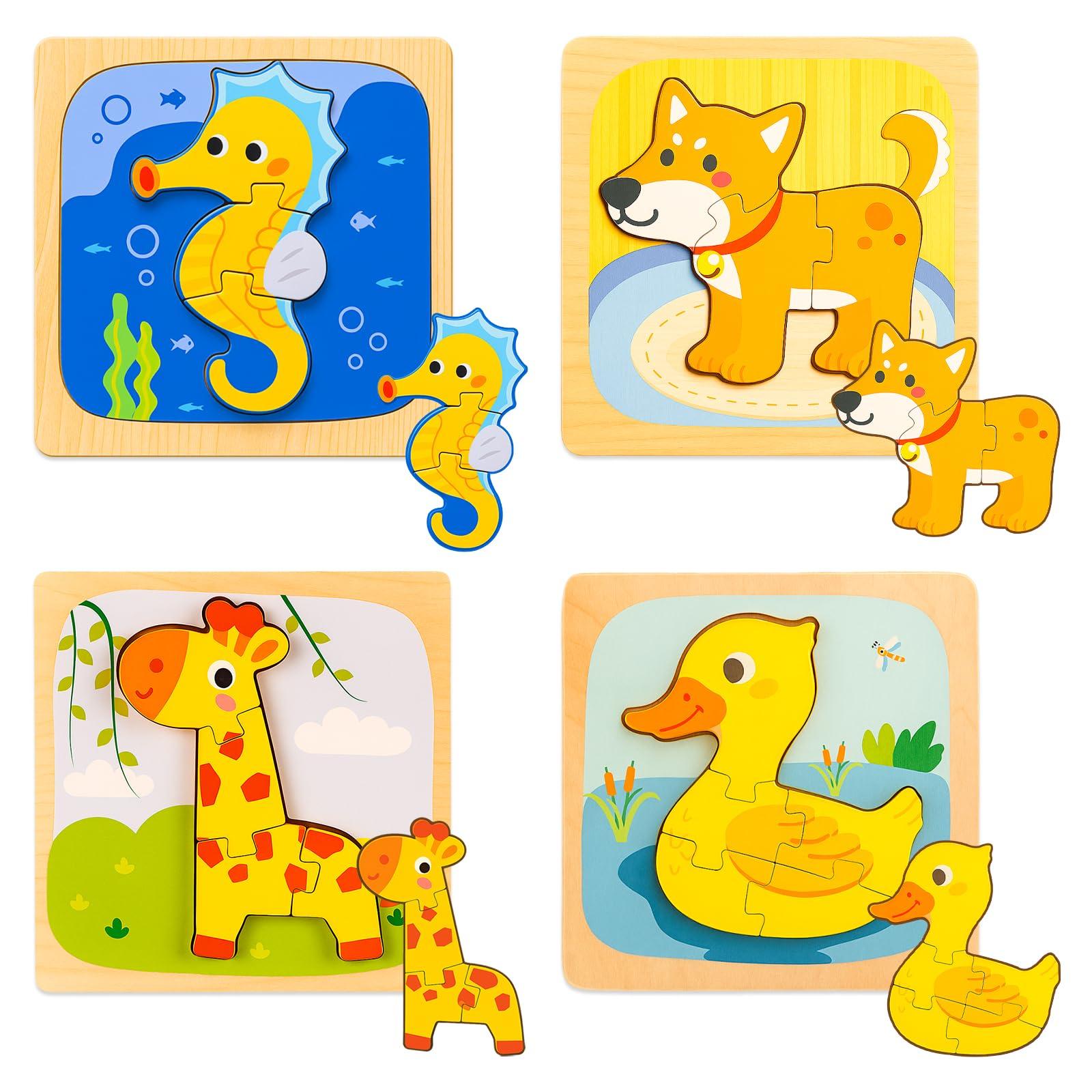 

YONGDING Puzzle, Shape-Matching Puzzle, 3D Wooden Animal Puzzle, Montessori Educational Toy for Early Childhood Development, DogDuckDeerSeahorse