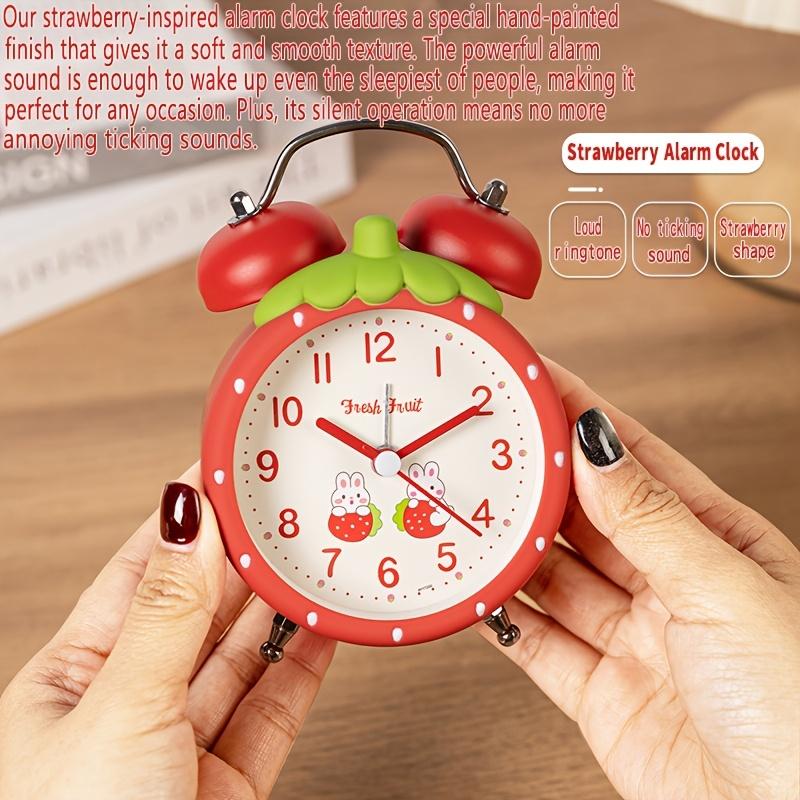 Modern Silent Strawberry Alarm Clock Battery Powered, Non Ticking, Antique Watch, Suitable for Office, Home, Kitchen, Bedroom, School, Black Pink Red