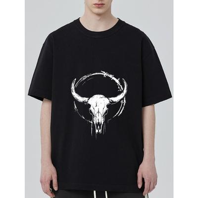 Schwarzes T-Shirt mit Stierschädel-Print für Freizeitkleidung