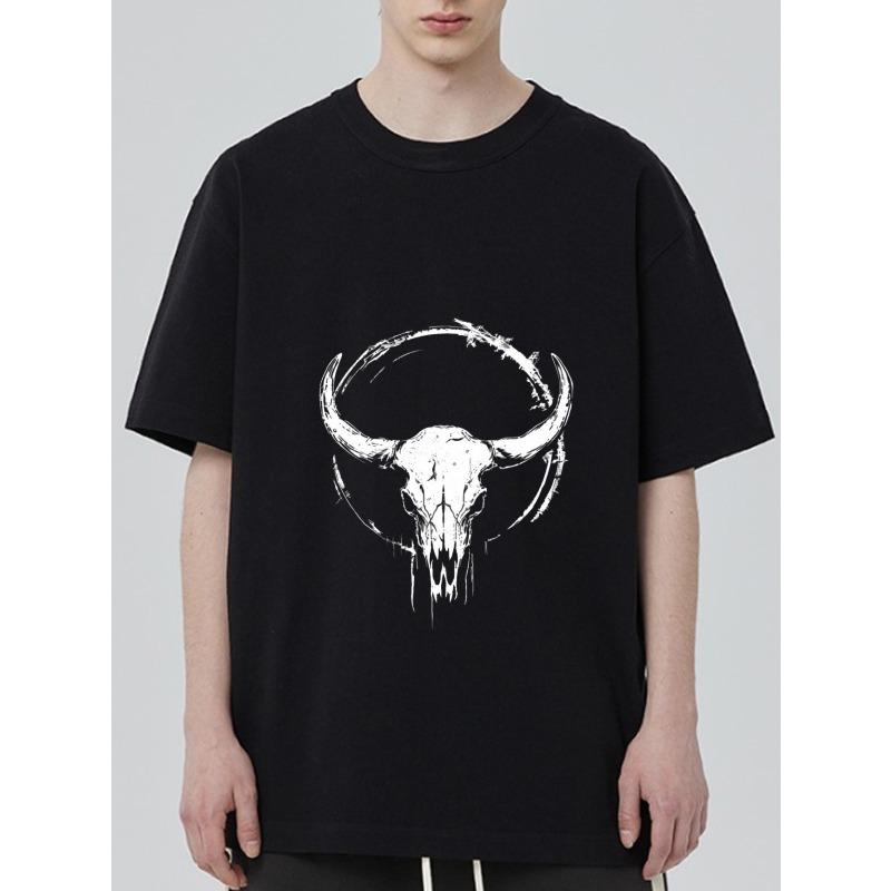 Black T-Shirt with Bull Skull Print for Casual Wear