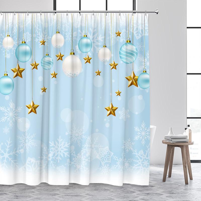 Pink Christmas Shower Curtain Xmas Balls Gold Stars Snowflakes New Year Home Bathroom Decor Bath Curtains Washable with Hooks