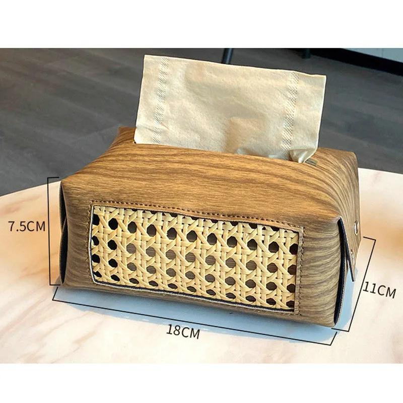 PU Leather Tissue Box with Wood Grain Texture, Multi-Scenario Luxury Napkin Holder for Hotel/Home/Car, Scratch-Resistant Surface