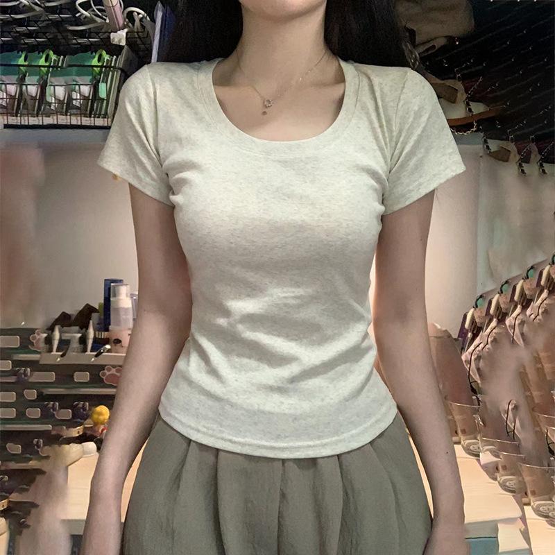 Short-sleeved Front Shoulder T-shirt Women's Summer New Thin Slim Spice Girl Short Student Top Design Sense