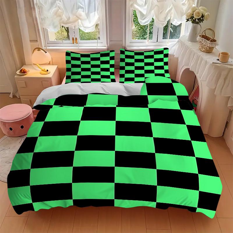 3-teiliges Bettwäsche-Set mit grün-schwarzem Karomuster für Zuhause - Universelles Dreiteiliges Set für Schlafzimmer, Gästezimmer, Wohnzimmer, Hoteldekorationen