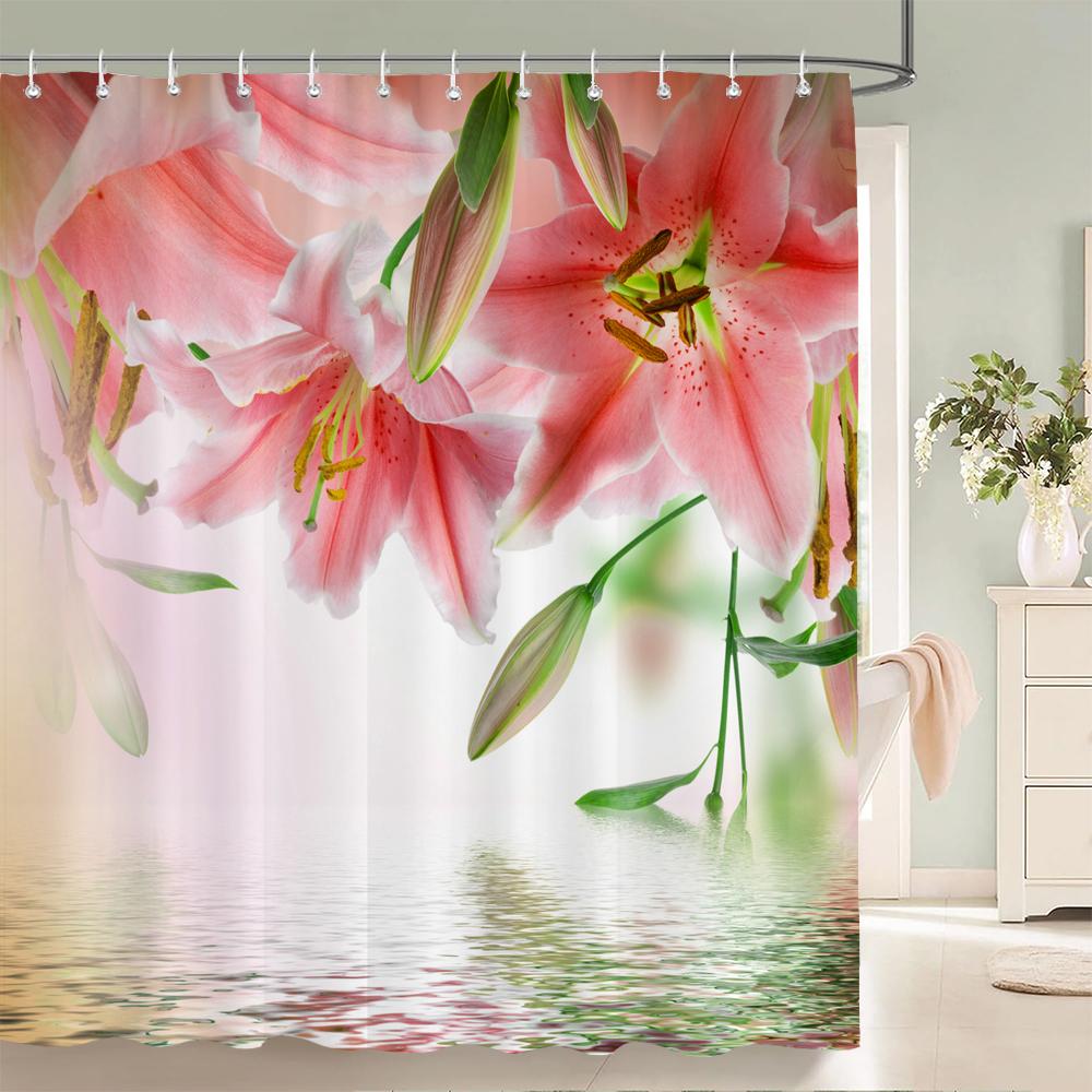

1Pcs elegant rose flower printed fabric waterproof shower curtain, romantic and fashionable rose bathroom decoration, with hooks W90xH180cm