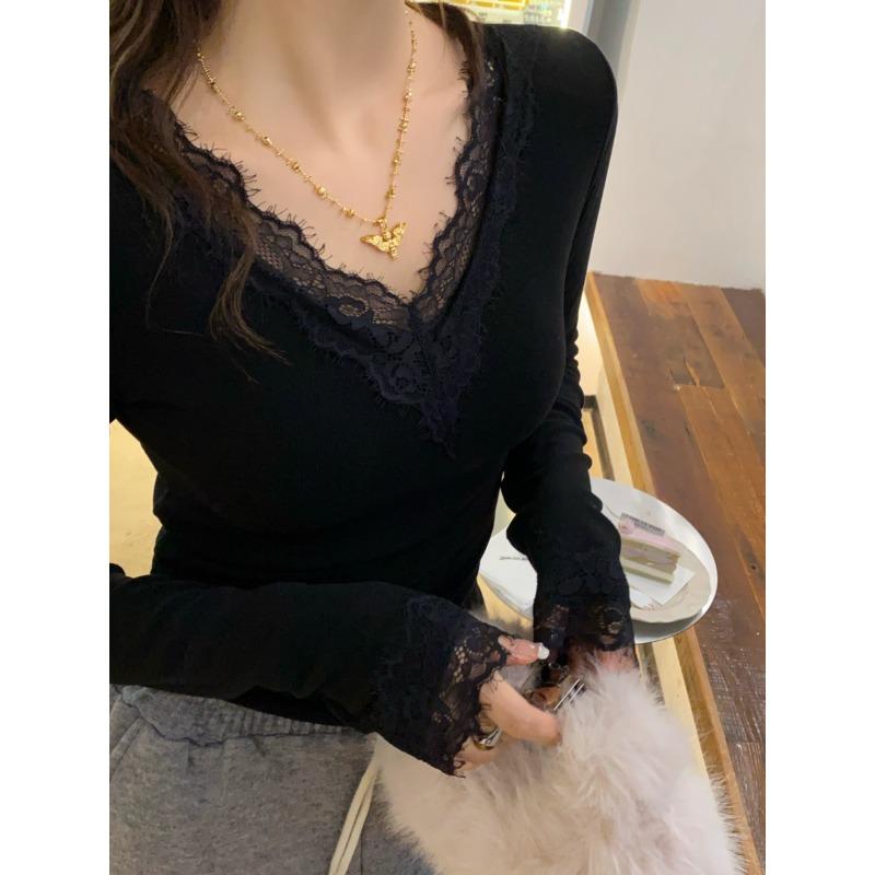 Neck lace low neck gray bottoming shirt women's inner with early autumn new slim black and white top