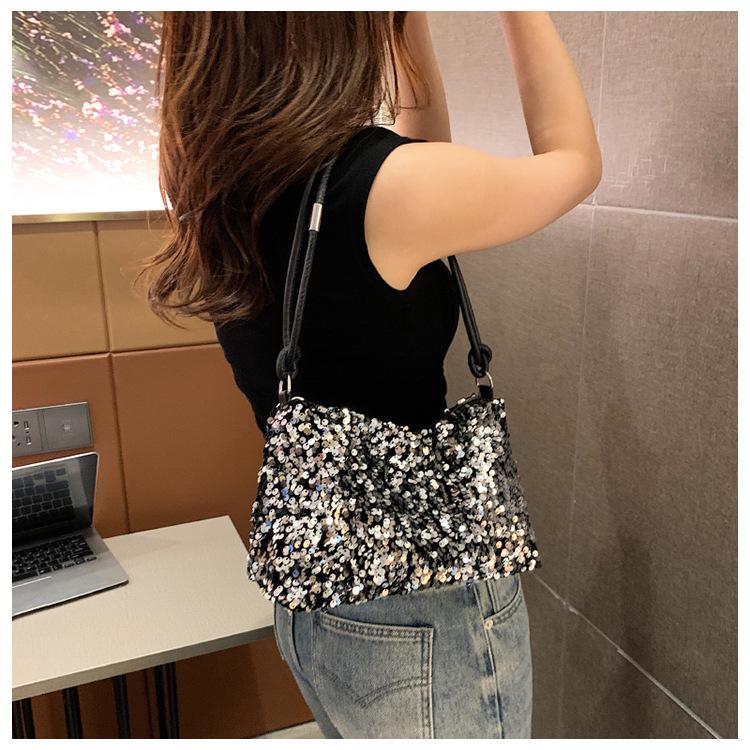 Summer New Texture Casual Foreign Sequined Shoulder Bag Personalized Ins Simple Messenger Large Capacity Baguette Bag Women's Bag