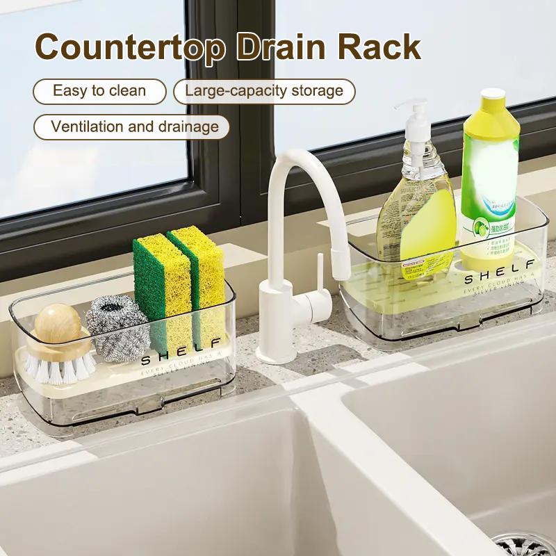 New Rag Rack Kitchen Sink Rack Household Wall-Mounted Multi-Function Sponge Pool Faucet Storage Artifact With Drain Design 1Pc