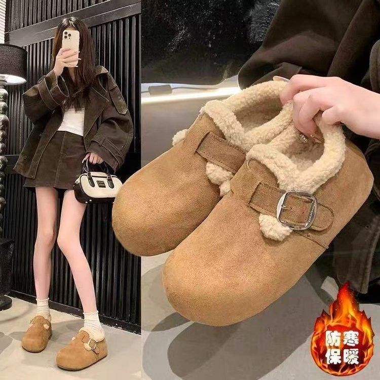 All-inclusive velvet Birkenstocks, new winter platform warm snow boots, non-slip fluffy beanie cotton shoes